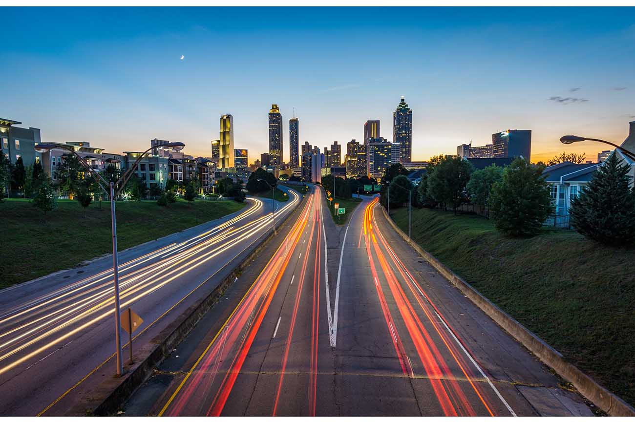 Time stop photo of traffic in Atlanta at dusk